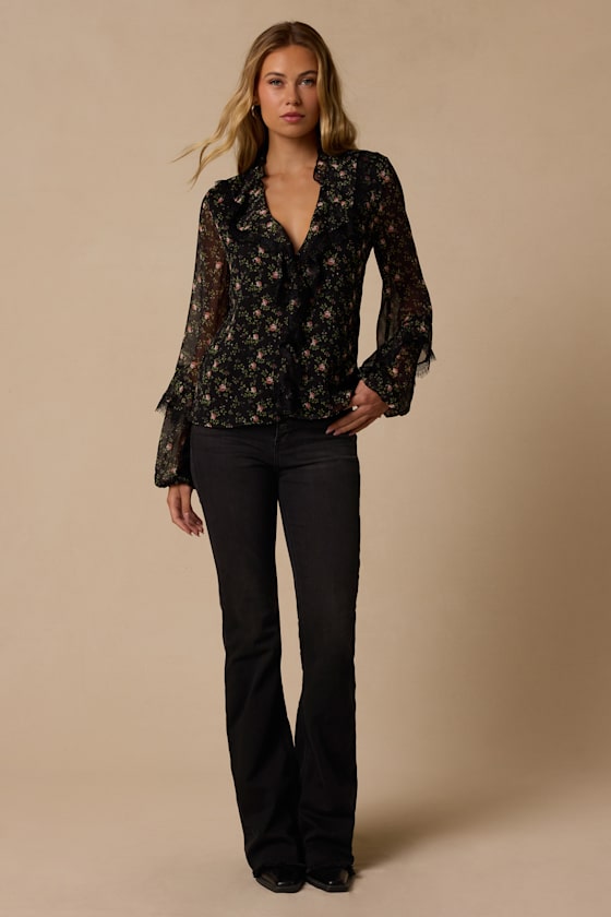 Jess Black Floral Ruffled Lace Long Sleeve Top - thumbnail 4