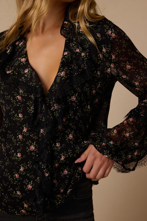 Jess Black Floral Ruffled Lace Long Sleeve Top - thumbnail 5