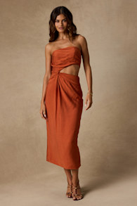 Zisel Terracotta Cutout Strapless Midi Dress 1