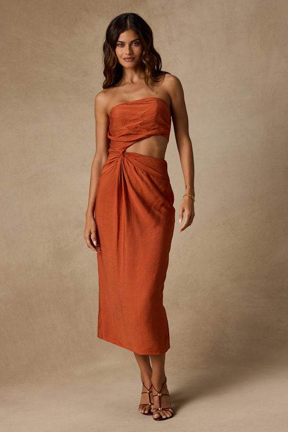 Zisel Terracotta Cutout Strapless Midi Dress 1