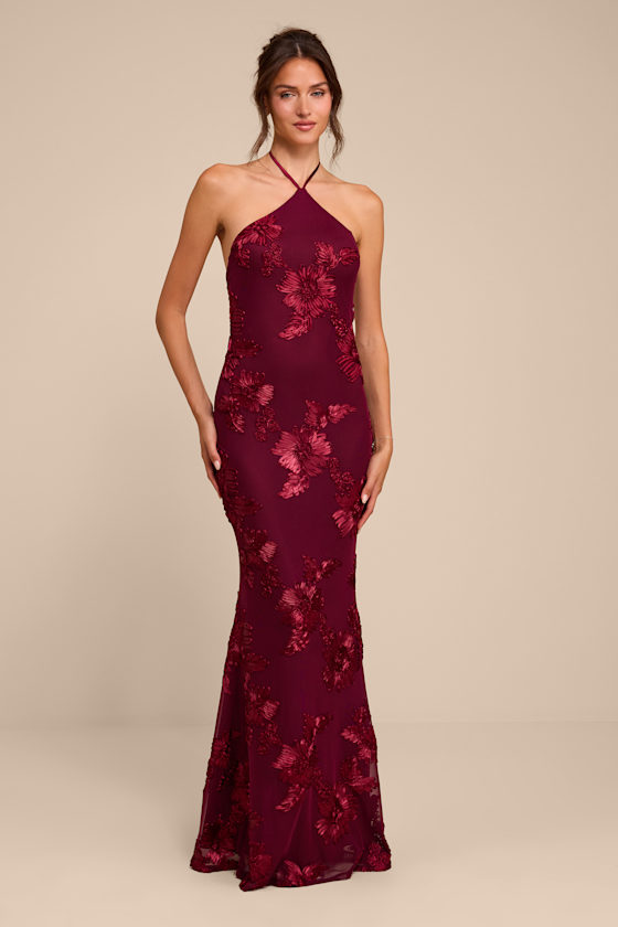 Image of Celyna Burgundy Mesh Floral Applique Maxi Dress
