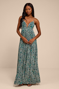 Kit Teal Multi Floral Pleated Lace-Up Maxi Dress 1