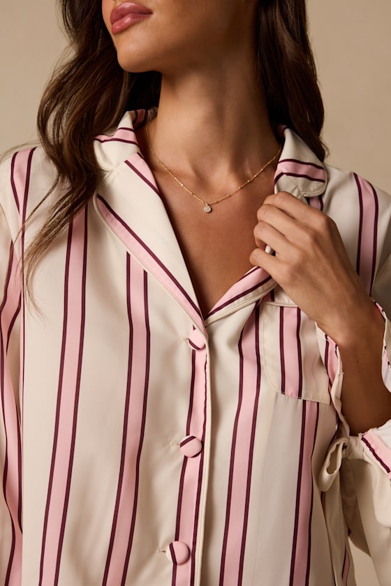 Kelda Cream Striped Satin Ruffled Two-Piece Pajama Set - thumbnail 4