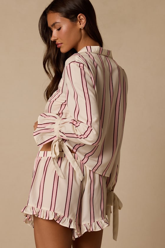 Kelda Cream Striped Satin Ruffled Two-Piece Pajama Set - thumbnail 5