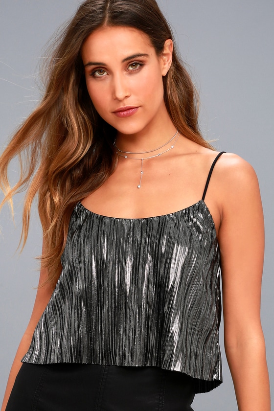 Midnight Kiss Black and Silver Pleated Crop Top