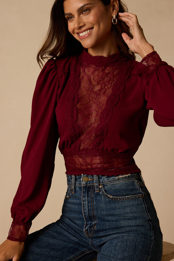 Lexia Burgundy Lace Long Sleeve Top - thumbnail 4