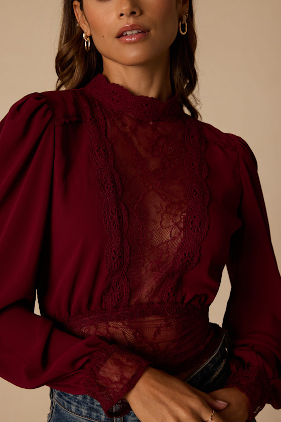 Lexia Burgundy Lace Long Sleeve Top - thumbnail 5