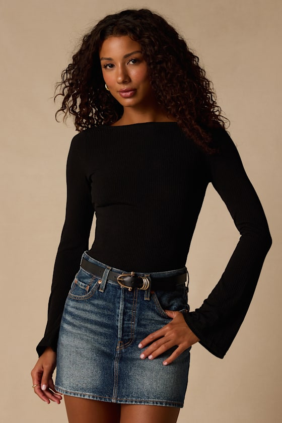 Maelis Black Ribbed Knit Long Sleeve Boat Neck Top 1