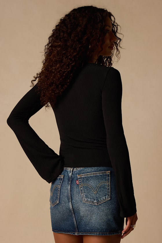 Maelis Black Ribbed Knit Long Sleeve Boat Neck Top 2