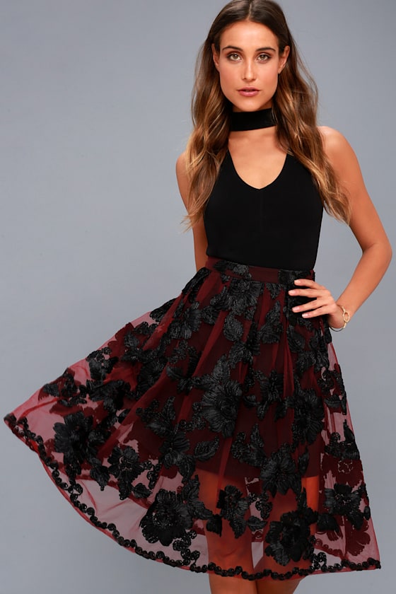 Marilyn Burgundy Floral Embroidered Midi Skirt 3