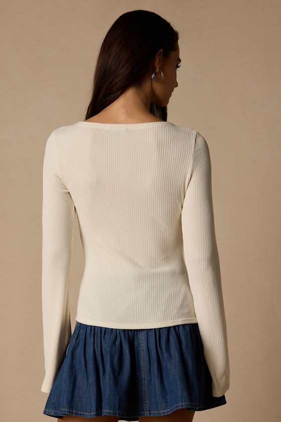 Maelis Ivory Ribbed Knit Long Sleeve Boat Neck Top 2