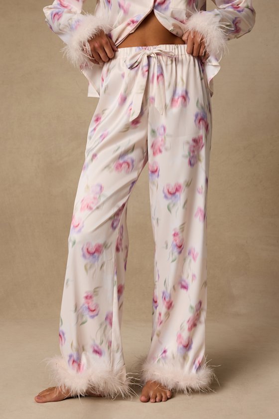 Dreamiest Delight Floral Satin Feather Two-Piece Pajama Set - thumbnail 4
