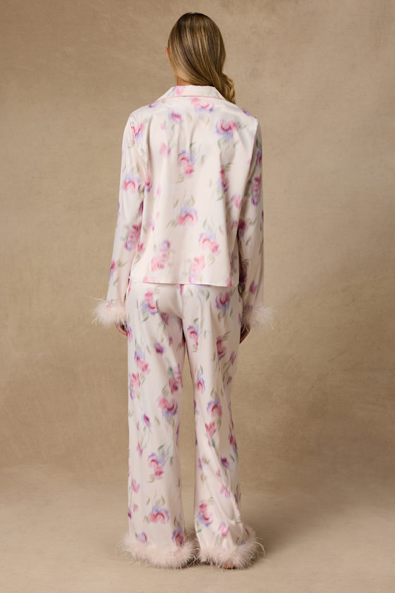 Dreamiest Delight Floral Satin Feather Two-Piece Pajama Set - thumbnail 5
