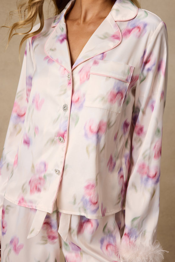 Dreamiest Delight Floral Satin Feather Two-Piece Pajama Set - thumbnail 6
