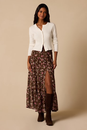 Subtle Sweetness Brown Floral Print Tiered Maxi Skirt 2