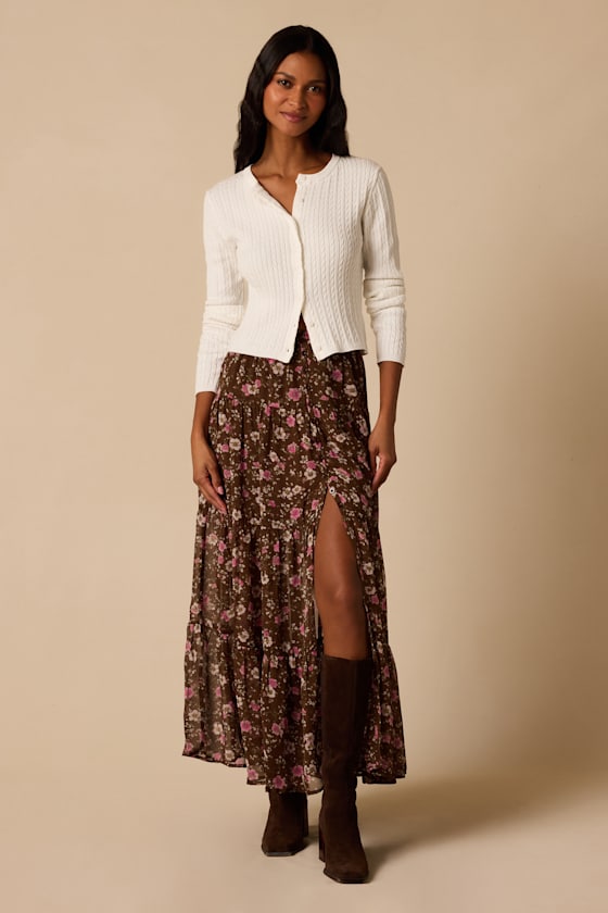 Subtle Sweetness Brown Floral Print Tiered Maxi Skirt 2