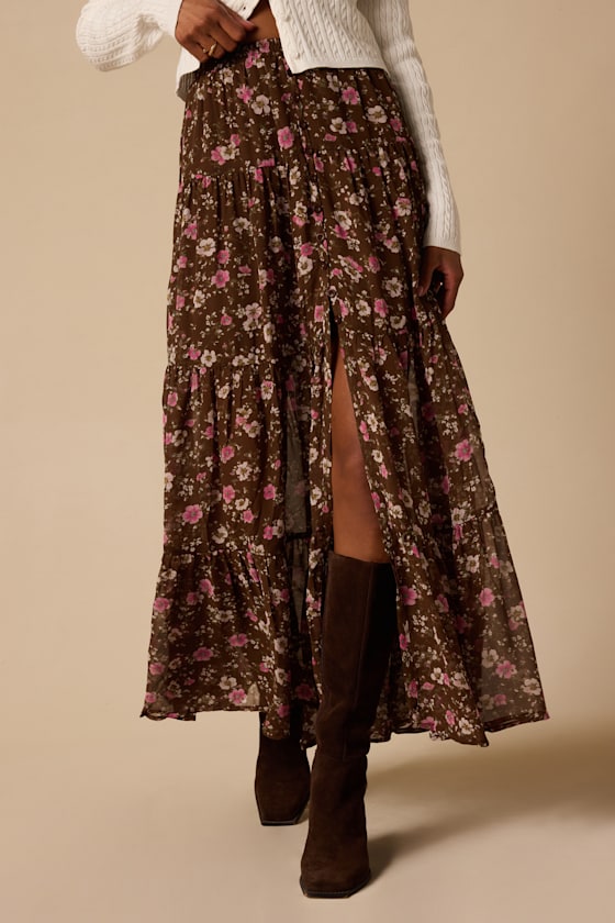 Subtle Sweetness Brown Floral Print Tiered Maxi Skirt 3