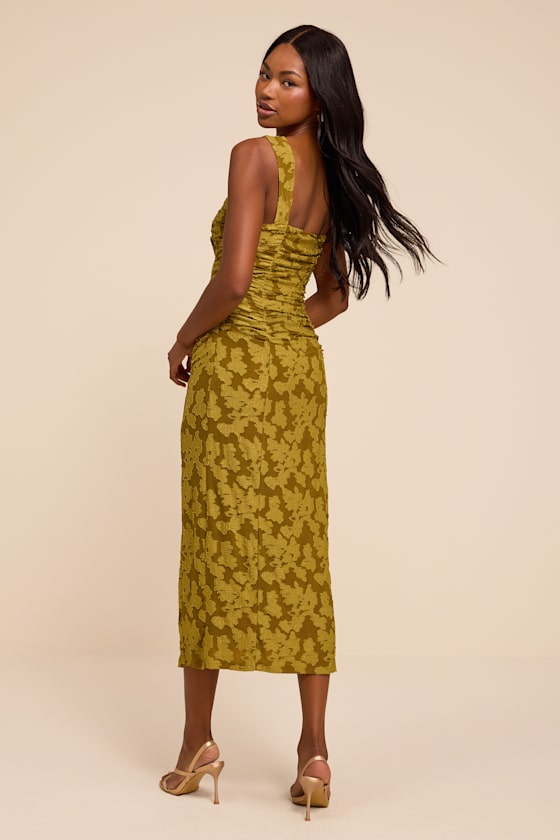 Delena Olive Jacquard Ruched Halter Midi Dress - thumbnail 3