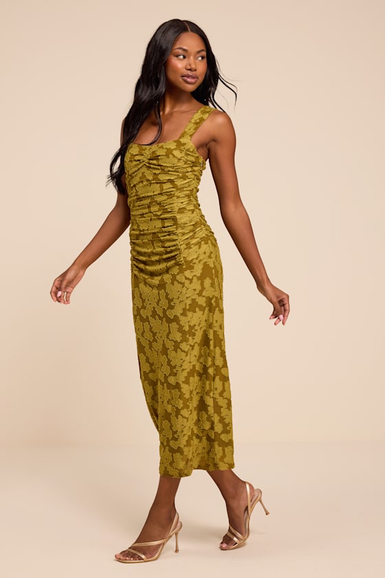 Delena Olive Jacquard Ruched Halter Midi Dress - thumbnail 4