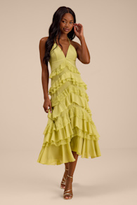 Melena Chartreuse Ruffled Lace Midi Dress 1