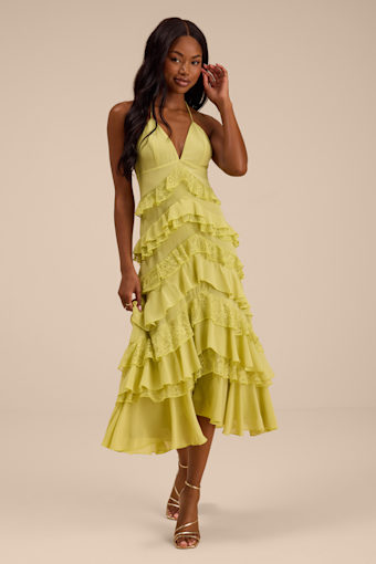 Melena Chartreuse Ruffled Lace Midi Dress 1