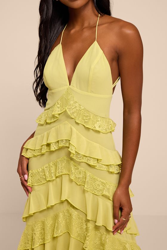 Melena Chartreuse Ruffled Lace Midi Dress 2