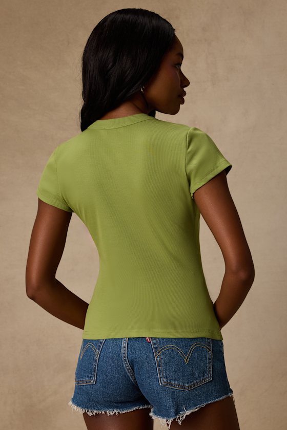 Annalena Lime Green Ribbed Button-Front Short Sleeve Top 2