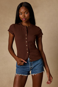 Annalena Brown Ribbed Button-Front Short Sleeve Top 1
