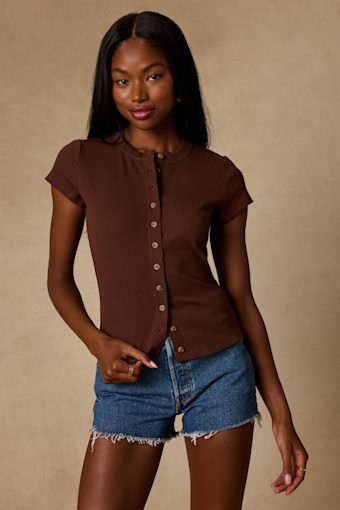 Annalena Brown Ribbed Button-Front Short Sleeve Top 1