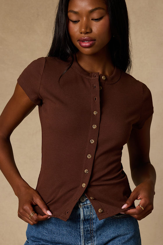 Annalena Brown Ribbed Button-Front Short Sleeve Top 2