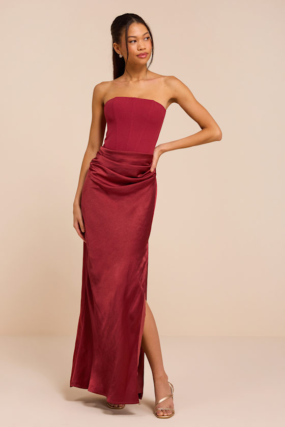 Mella Burgundy Mixed Media Strapless Maxi Dress 1