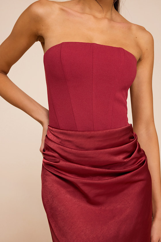 Mella Burgundy Mixed Media Strapless Maxi Dress 2