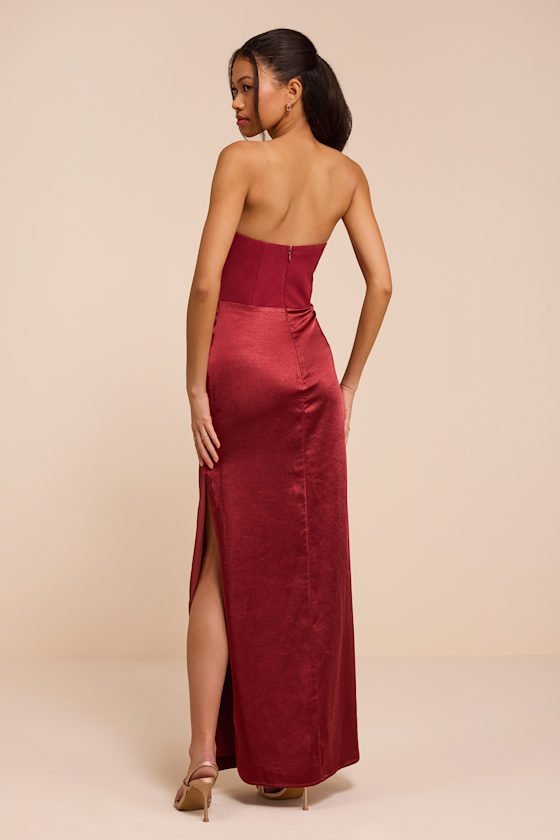 Mella Burgundy Mixed Media Strapless Maxi Dress - thumbnail 3