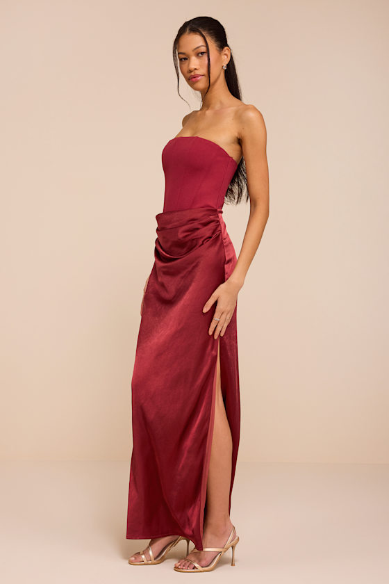 Mella Burgundy Mixed Media Strapless Maxi Dress - thumbnail 4