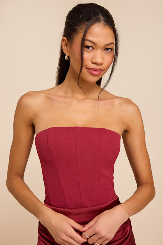 Mella Burgundy Mixed Media Strapless Maxi Dress - thumbnail 5
