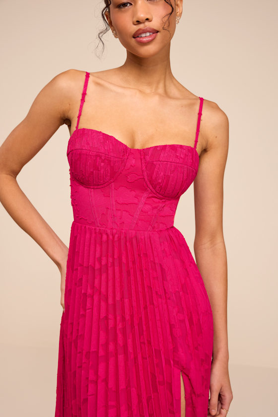 Dacie Fuchsia Floral Burnout Pleated Bustier Maxi Dress 2