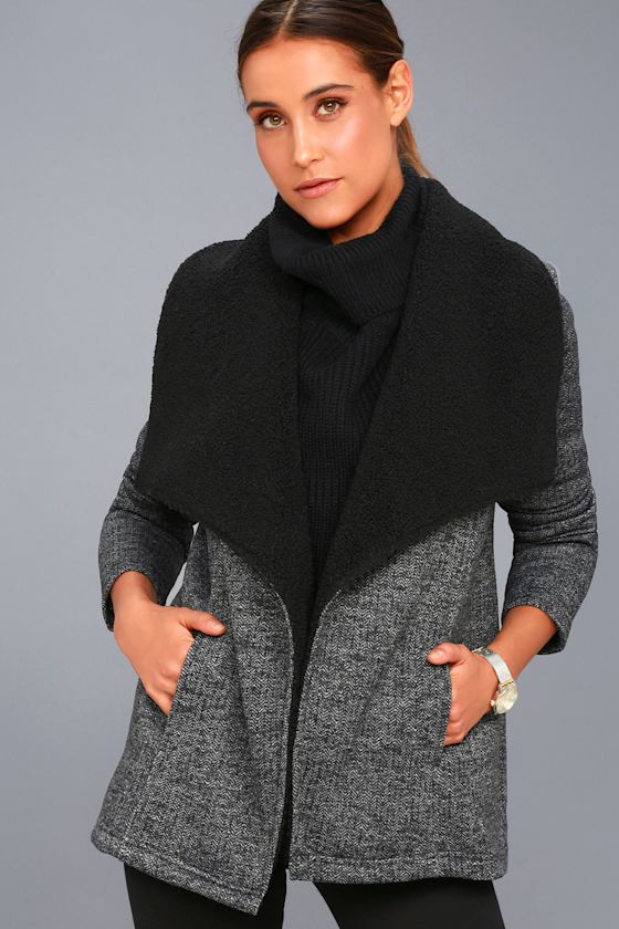 Karly Black and Grey Herringbone Sherpa Coat 3
