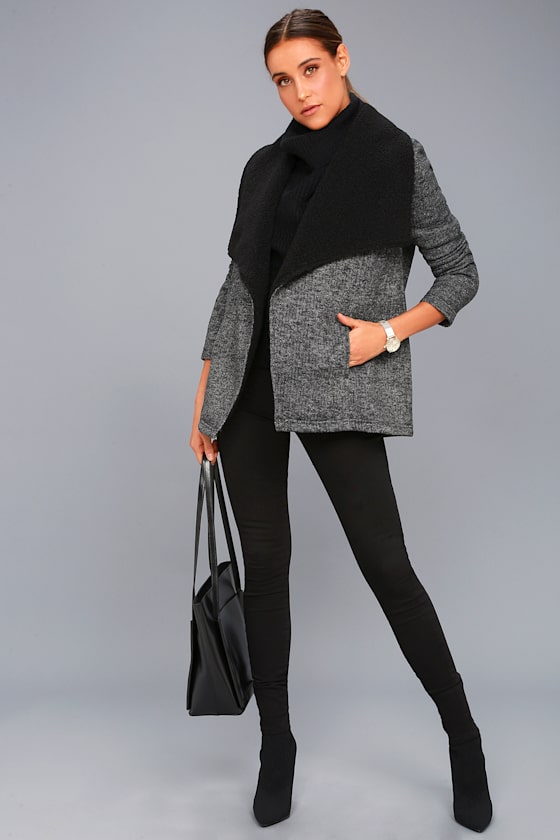 Karly Black and Grey Herringbone Sherpa Coat 1