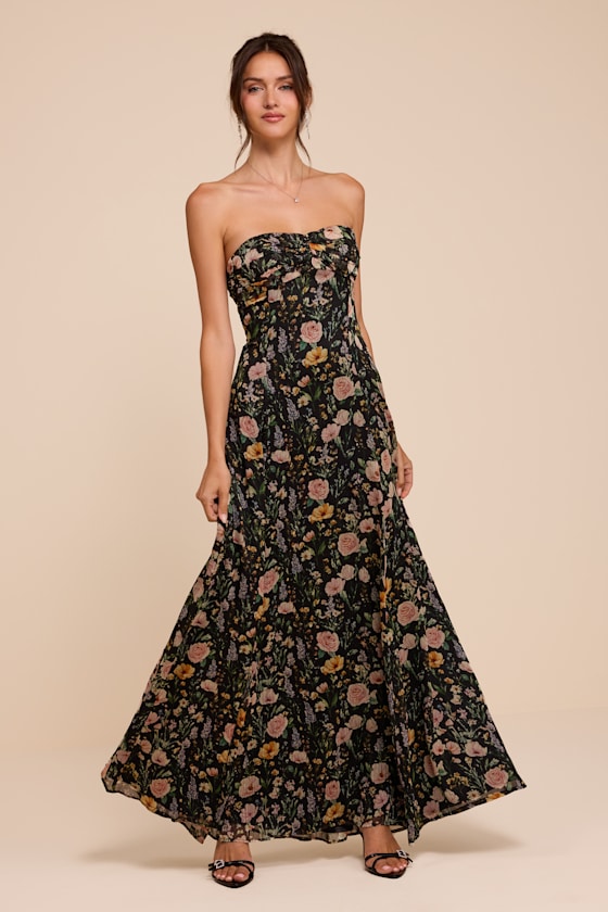 Kamalia Black Multi Floral Strapless Maxi Dress 1