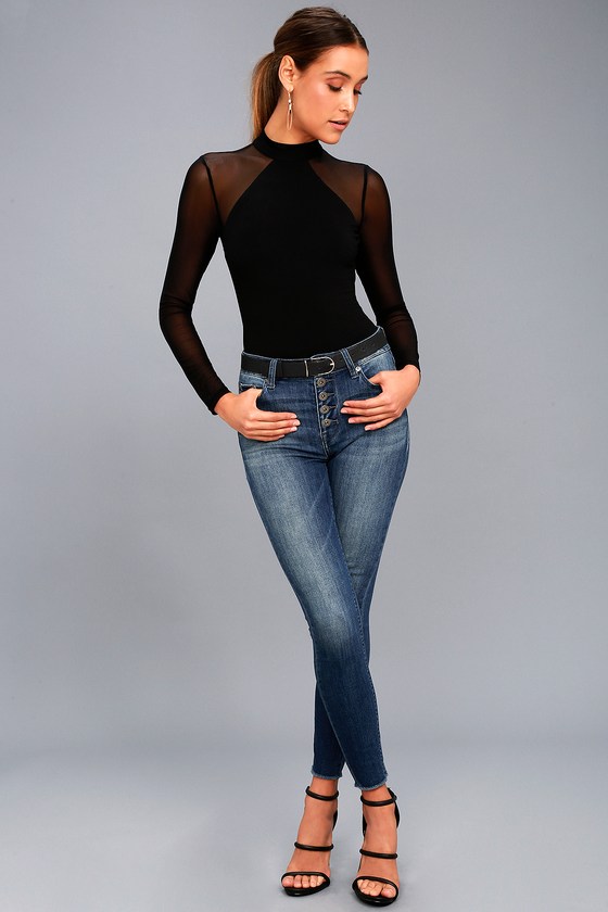 Entrancing Black Mesh Long Sleeve Bodysuit