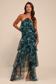 Melody Dark Green Floral Tiered Halter Maxi Dress 1