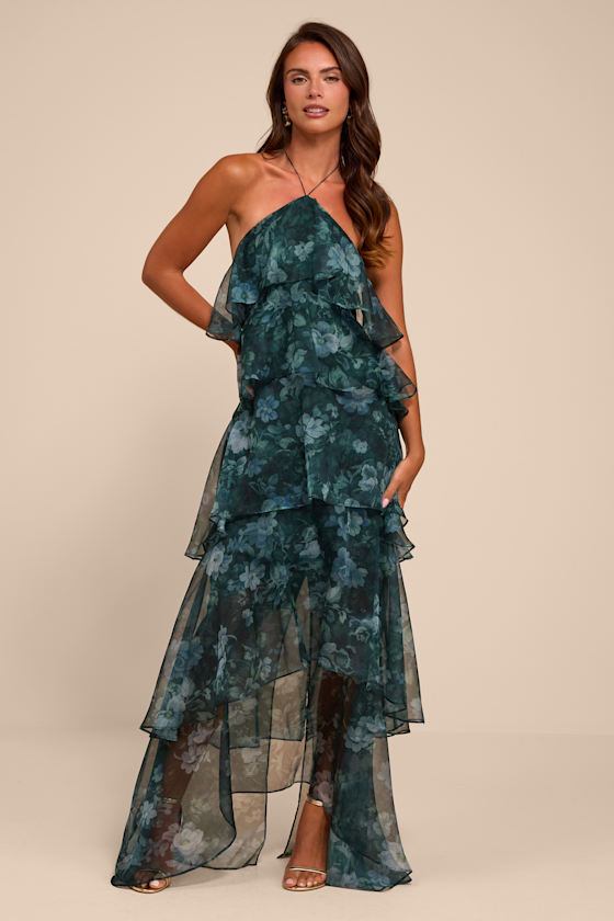 Melody Dark Green Floral Tiered Halter Maxi Dress 1