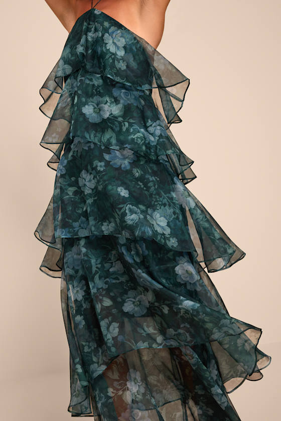 Melody Dark Green Floral Tiered Halter Maxi Dress 2
