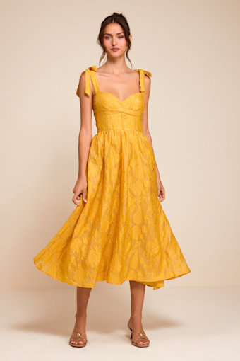 Loveliest Muse Yellow Burnout Floral Tie-Strap Midi Dress 1