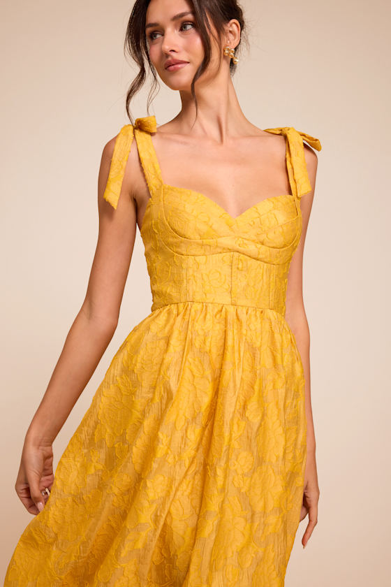 Loveliest Muse Yellow Burnout Floral Tie-Strap Midi Dress 2