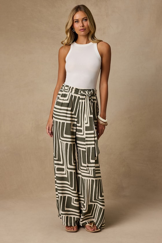Azariah Olive Green Boho Print Wide-Leg Pants 1