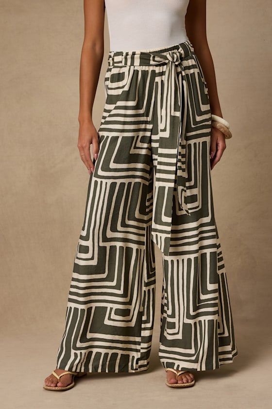 Azariah Olive Green Boho Print Wide-Leg Pants 2