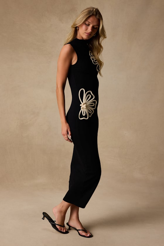 Eviee Black Sweater Knit Embroidered Midi Dress - thumbnail 4