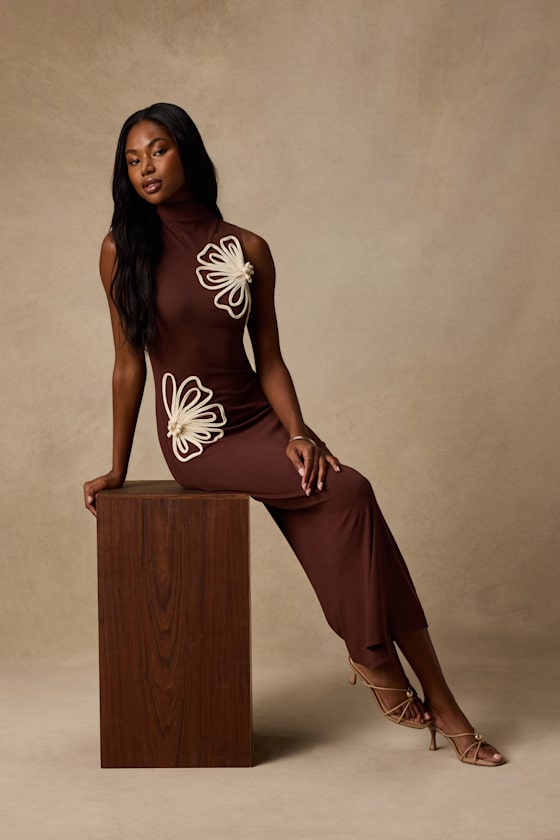 Eviee Brown Sweater Knit Embroidered Midi Dress