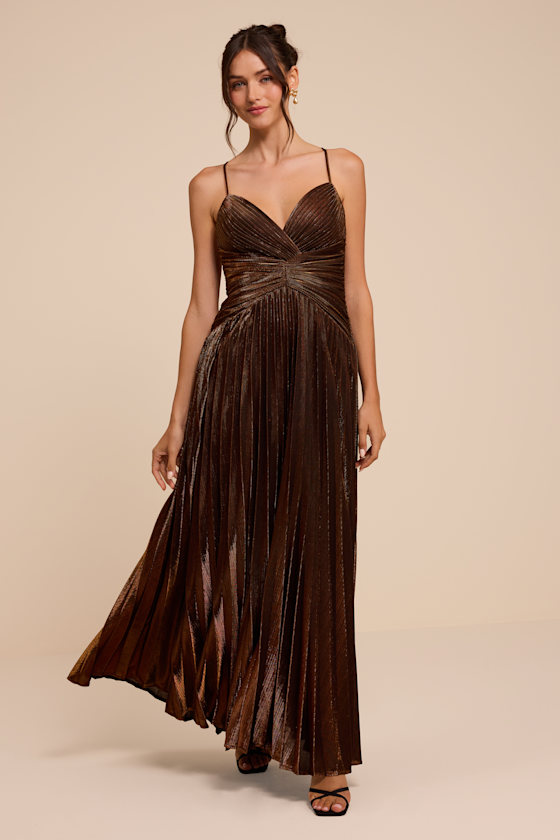 Corella Brown Lurex Pleated Maxi Dress - thumbnail 3